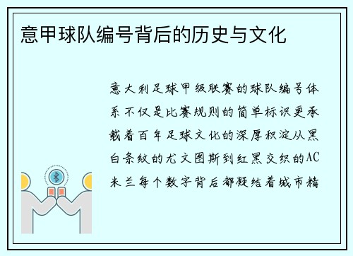 意甲球队编号背后的历史与文化